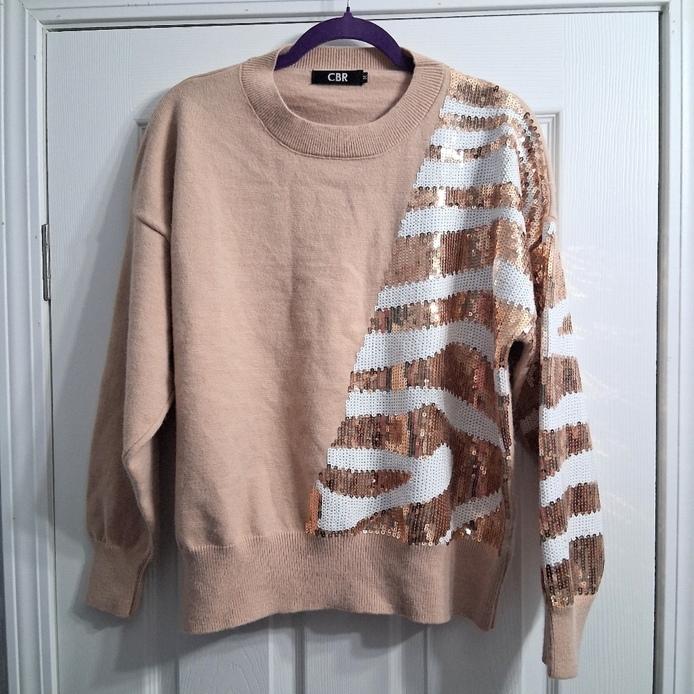 Vintage CBR Sweater 80s Gold & White Sequins Medium Cotton Blend Zebra